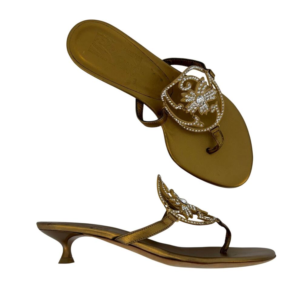 Ferragamo Kitten Crystal Embellished Kitten Heel Sandals Dusty Metallic Gold 7B